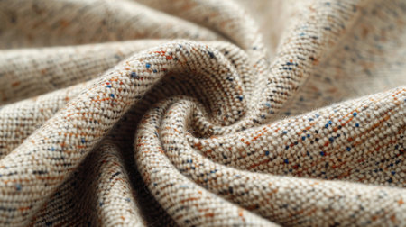 A classic tweed fabric, capturing the intricate weave, subtle multicolor flecks, and durable texture against a pure white background.の素材