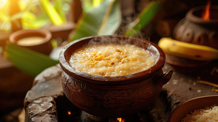 A rustic kitchen scene during Pongal where a terracotta pot overflows with frothy Pongal (rice pudding), signifying abundanceの素材
