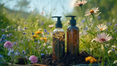 Soil-based cosmetics. Transparent glass bottles with a dispenser are filled to the top with black soil. pure, organically produced ingredient. Backyard background. Eco beauty trendの素材