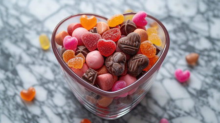 Valentine's Day trendy candy salad in a beautiful heart shaped glass vase. A delicious assortment of...