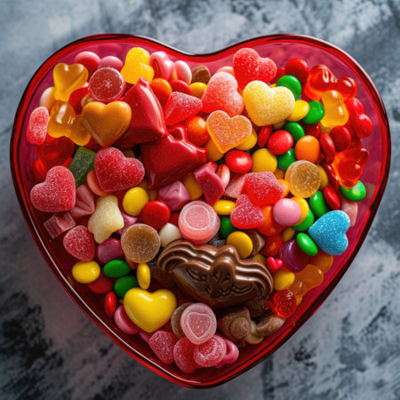 Valentine's Day trendy candy salad in a beautiful heart shaped glass vase. A delicious assortment of Valentine's Day chocolate and gummy chewy treats.の写真素材