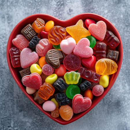 Valentine's Day trendy candy salad in a beautiful heart shaped glass vase. A delicious assortment of Valentine's Day chocolate and gummy chewy treats.の写真素材