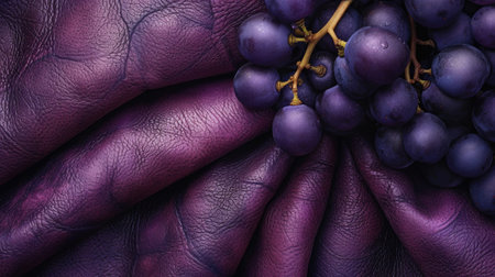 Eco-leather made from grapes is a new material created from by-products of the wine industry. A bunch of grapes at the top, symbolizing the material's innovative, grape waste-based origin,の素材