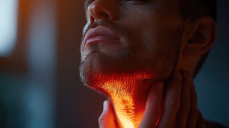 Throat Pain, Close-Up of a Person Holding Their Throat in Discomfort, Facial Expression Reflecting Sore Throat, Diverse Representation of Physical Painの素材
