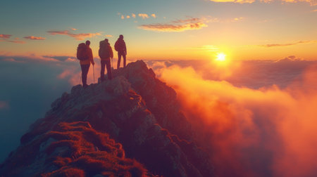 A small group of hikers reach the peak of a mist-covered mountain at dawn against the backdrop of a breathtaking panoramaの素材