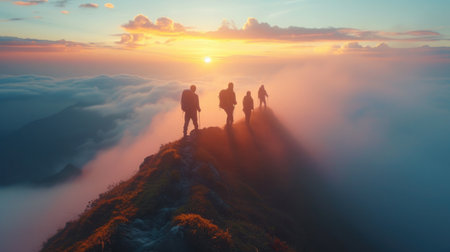 A small group of hikers reach the peak of a mist-covered mountain at dawn against the backdrop of a breathtaking panoramaの素材