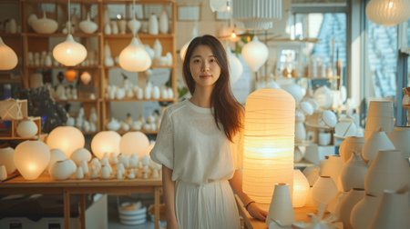 A woman stands in a spacious, brightly lit studio filled with her unique lamp design creationsの素材