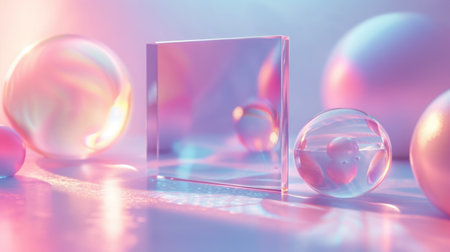 business card mockup, neon pink, on floating 3D iridescent glass, organic forms, light refraction.の素材