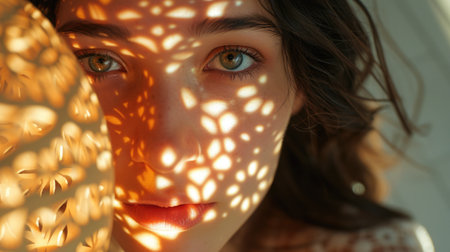 Woman's face close-up, eyes reflect designer lamp patterns, light casts artistic shadows, showcasing her craft connectionの素材