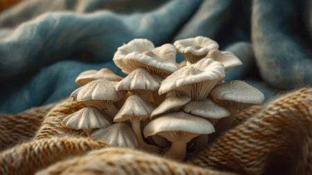 A detailed view of Mushroom (Mylo) Leather, displaying its unique, suede-like texture and natural, earthy color, with a group of musky mushrooms at the top, representing the material's organic and sustainable origin, blending innovation with natureの素材