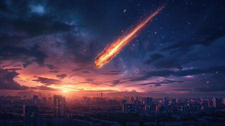 A meteor streaking across the sky, with a cityscape below unaware of the impending impact.の素材