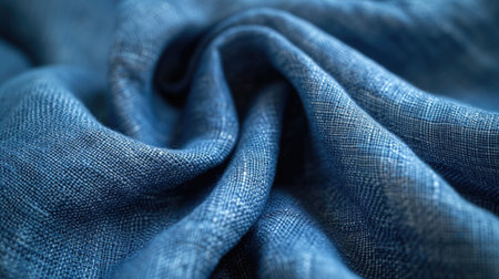 A close-up perspective of textured linen fabric in a classic French Blue, emphasizing its natural, crisp texture, ideal for summer apparel and modern home textiles.の素材
