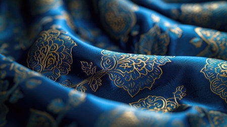 brocade fabric, focusing on the rich, decorative patterns and vibrant blue color, fully occupying the screen with its luxurious and ornate feel.の素材