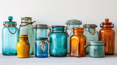 Assortment of glass storage jars on a white surface, symbolizing plastic-free alternatives in the kitchen.の素材