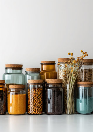 Assortment of glass storage jars on a white surface, symbolizing plastic-free alternatives in the kitchen.の素材