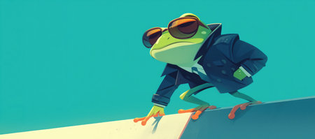 Vibrant green frog jumps on a pastel mint green background. Concept of 29 february leap year dayの素材