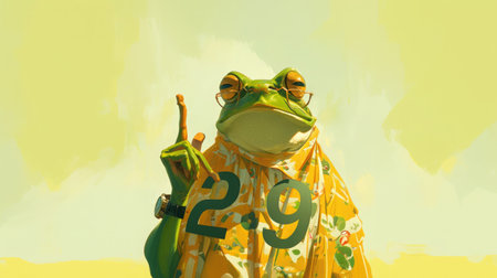 Stylish green frog with a large number 29 with its front limbs. Concept of 29 february leap year dayの素材