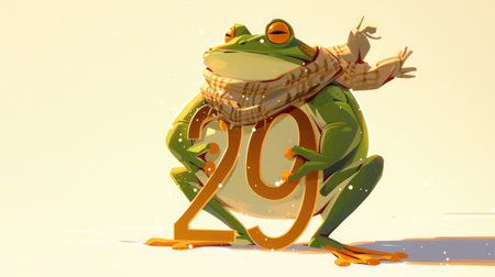 Stylish green frog with a large number 29 with its front limbs. Concept of 29 february leap year dayの素材