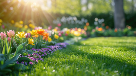 Beautiful well-kept spring garden. The green lawn emphasizes the full bloom of flowers in the mixborder. Diverse floral spectrum of tulips, daffodils, hyacinthsの素材