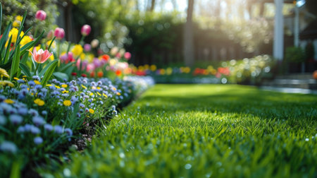 Beautiful well-kept spring garden. The green lawn emphasizes the full bloom of flowers in the mixborder. Diverse floral spectrum of tulips, daffodils, hyacinthsの素材