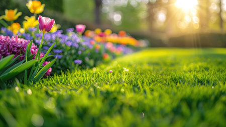 Beautiful well-kept spring garden. The green lawn emphasizes the full bloom of flowers in the mixborder. Diverse floral spectrum of tulips, daffodils, hyacinthsの素材