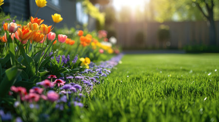 Beautiful well-kept spring garden. The green lawn emphasizes the full bloom of flowers in the mixborder. Diverse floral spectrum of tulips, daffodils, hyacinthsの素材