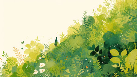 A gentle watercolor depiction of a person taking a leisurely walk in a lush, green forest, illustrating the concept of ecotherapy and the healing power of nature on mental well-being.の素材