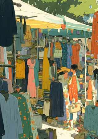 A watercolor depiction of a vintage clothing market, with stalls full of colorful, retro garments and accessories, showing the appeal of thrifted fashion.の素材