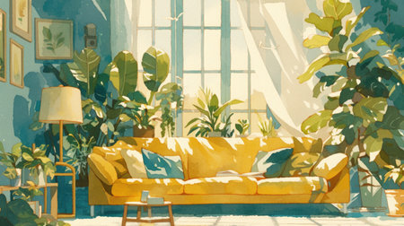 A watercolor illustration of a bright, airy living room filled with lush indoor plants and natural light, showing the trend of urban jungle interiors.の素材