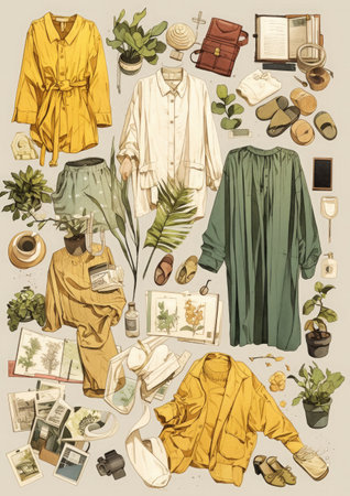 A watercolor illustration of a chic, sustainable fashion outfit laid out on a minimalist background, highlighting eco-friendly clothing and accessorie.の素材
