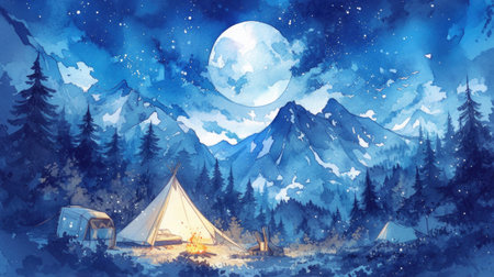 A watercolor illustration of a cozy campsite nestled in a forest clearing, with a tent, campfire, and starry sky above, evoking the essence of digital detox and reconnection with nature.の素材