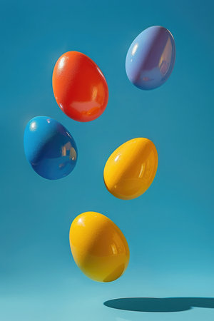 Dynamic shot capturing the easter eggs seemingly suspended in mid-air, bright and bold colors.の素材