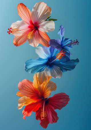 exotic hibiscus flowers suspended in mid-air, bright and bold colors, Dynamic shotの素材