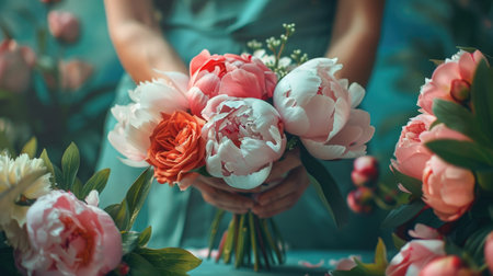 florist hands making peony flowers bouquet, close up.の素材