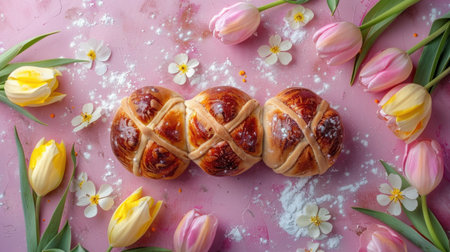 Fresh baked hot cross buns, flanked by spring pink and yellow tulip flowers and festive Easter decor.の素材
