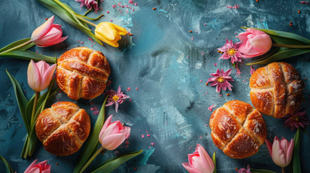 Fresh baked hot cross buns, flanked by spring pink and yellow tulip flowers and festive Easter decor.の素材