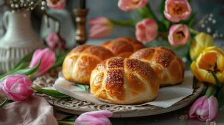 Fresh baked hot cross buns, flanked by spring pink and yellow tulip flowers and festive Easter decor.の素材