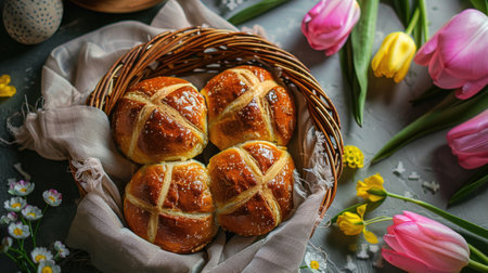 Fresh baked hot cross buns, flanked by spring pink and yellow tulip flowers and festive Easter decor.の素材