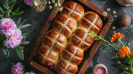 Fresh baked hot cross buns, flanked by spring pink and yellow tulip flowers and festive Easter decor.の素材