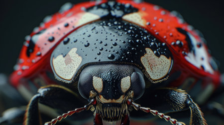 macro shot ladybug on Leaf with Water Droplets, Vivid Nature Detail.の素材