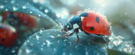 macro shot ladybug on Leaf with Water Droplets, Vivid Nature Detail.の素材