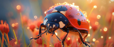 macro shot ladybug on Leaf with Water Droplets, Vivid Nature Detail.の素材