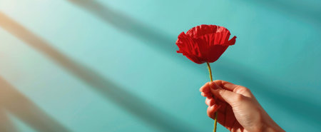 Minimalist Banner with hand holding red poppy flower on teal plain background, copy spaceの素材