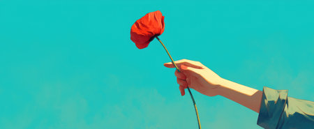 Minimalist Banner with hand holding red poppy flower on teal plain background, copy spaceの素材
