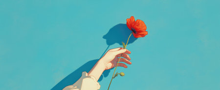 Minimalist Banner with hand holding red poppy flower on teal plain background, copy spaceの素材