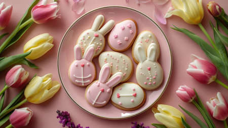 Easter treats, iced cookies in egg shapes and bunny shapes, pastel color, adorned with pink and yellow tulips.の素材