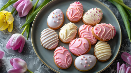 Easter treats, iced cookies in egg shapes and bunny shapes, pastel color, adorned with pink and yellow tulips.の素材