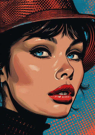 Pop-art style retro portrait of woman, 1960s art movement, bright colors.の素材