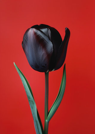 single black tulip on a red background, minimalist composition.の素材