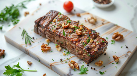 sliced nut roast on white marble desk. a baked vegetarian dish made from a mixture of ground or chopped nuts, vegetables, and herbsの素材